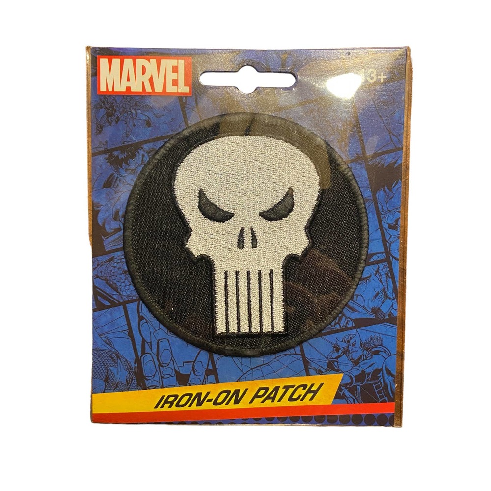 MARVEL The Punisher Skull Iron On Patch 3.5" Applique Black Silver Circle Round